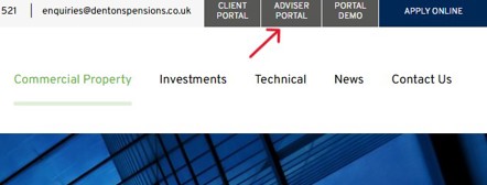 arrow pointing to adviser portal location on dentons pensions website